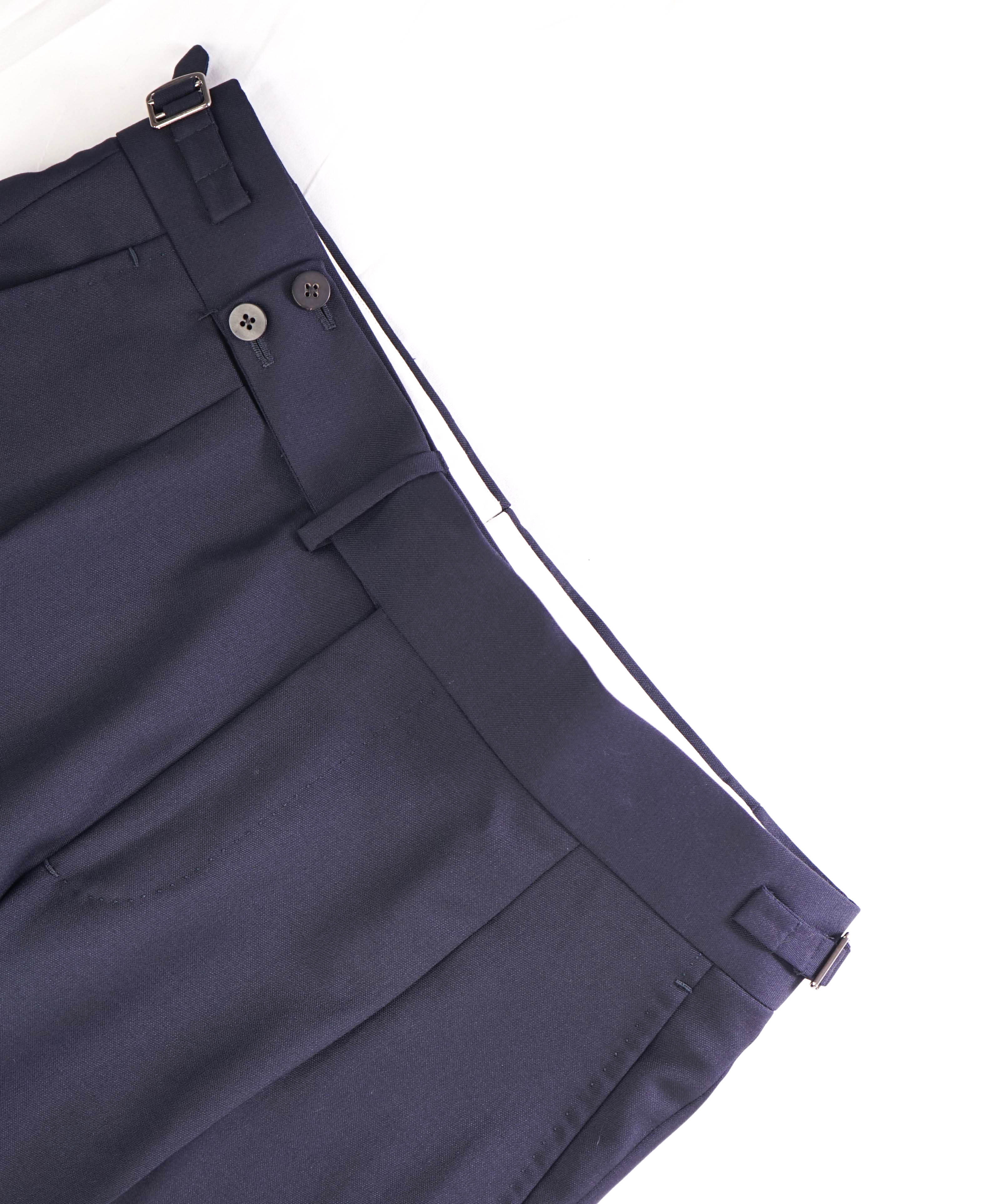$995 ISAIA Solid Navy "SIDE TABS" Neapolitan Flat Front Dress Pants CUSTOM 1/1 - 32W