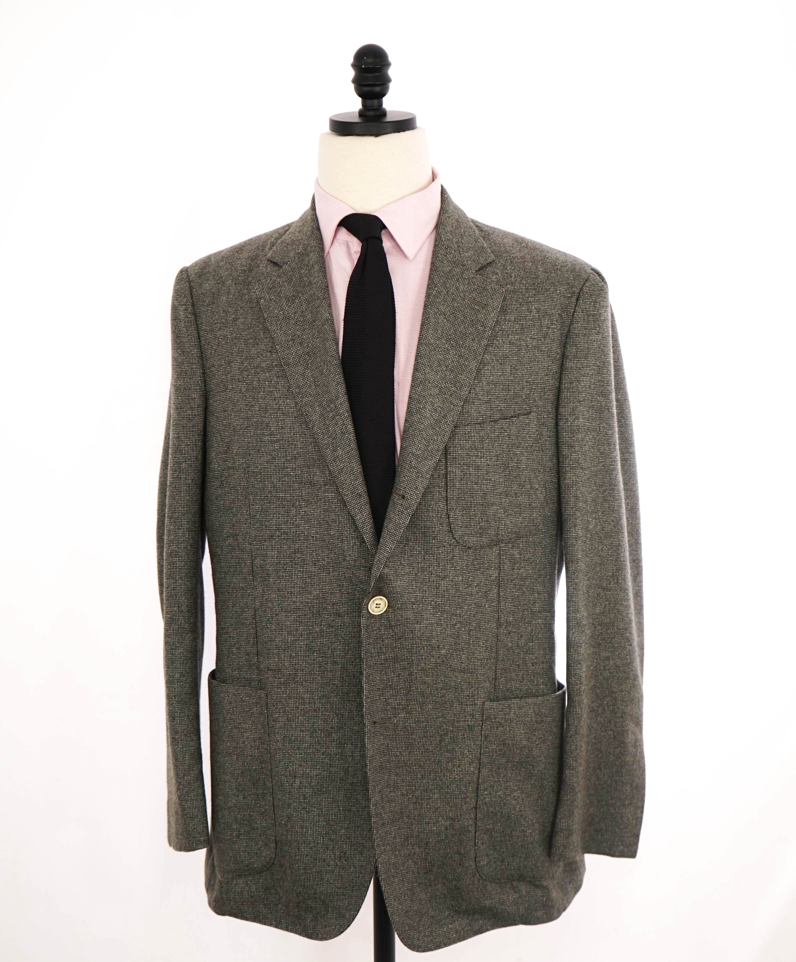 $3,995 LORO PIANA - *PURE CASHMERE* PATCH POCKET Gray Mini Check Suede Detailing- 40R