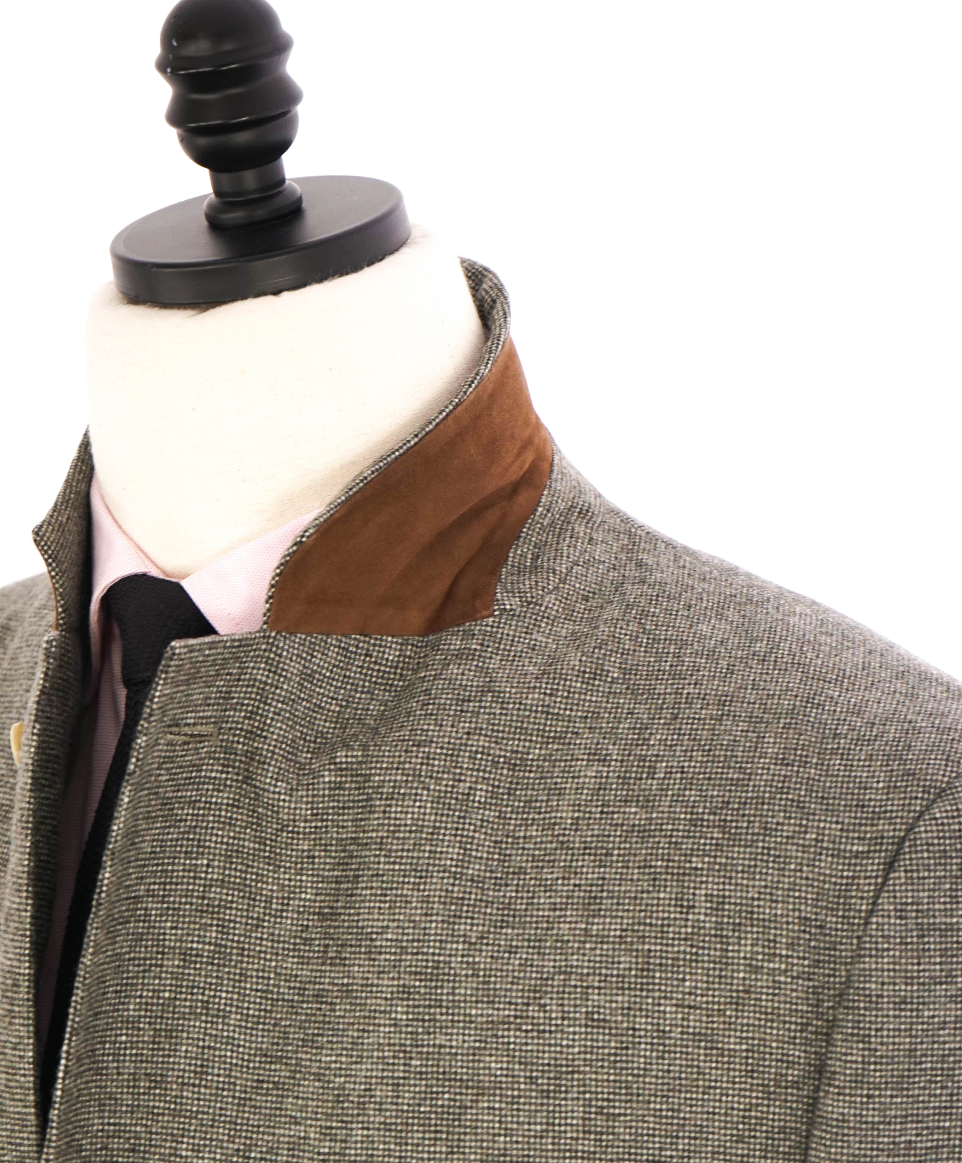 $3,995 LORO PIANA - *PURE CASHMERE* PATCH POCKET Gray Mini Check Suede Detailing- 40R