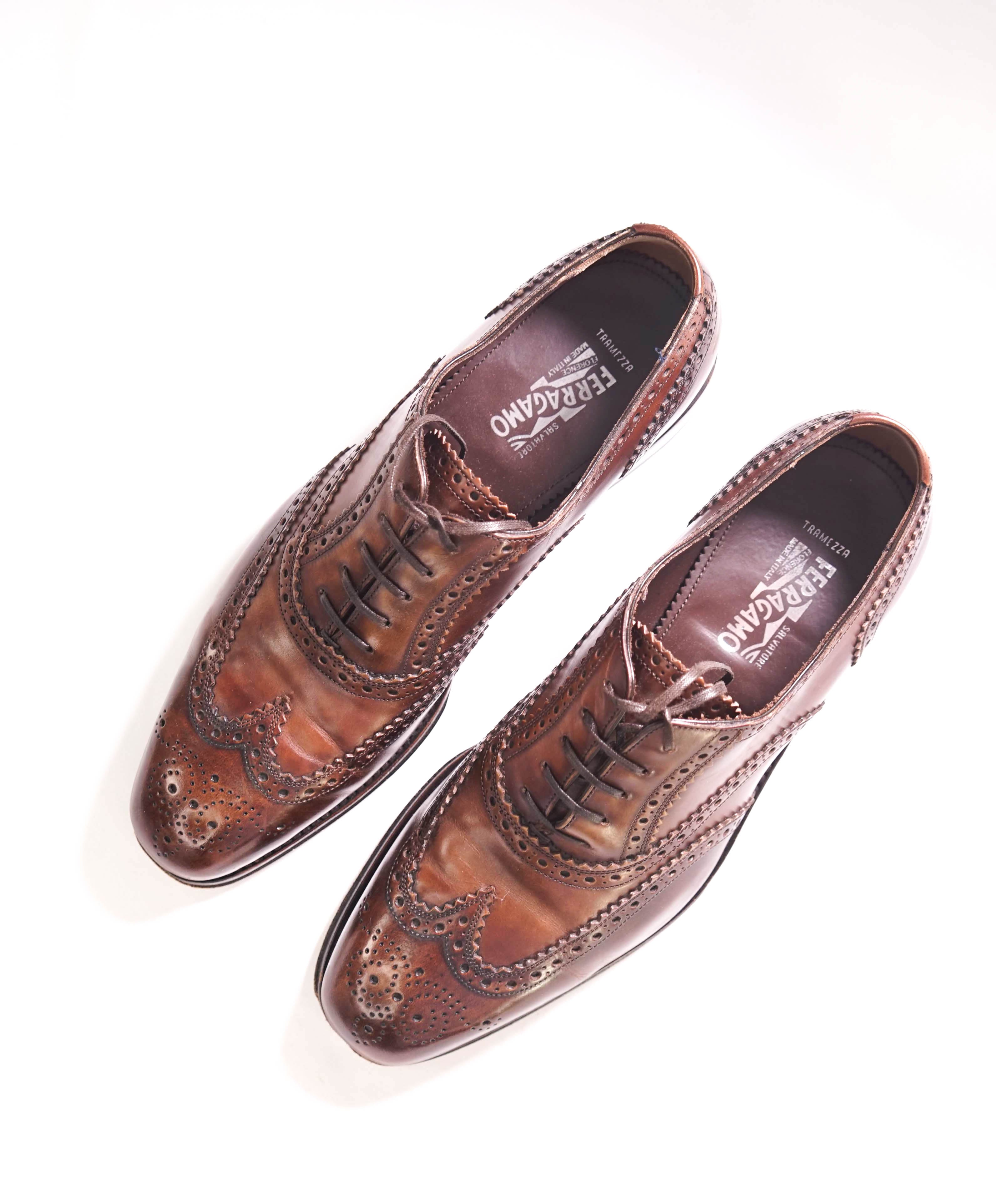$1,395 SALVATORE FERRAGAMO - "TRAMEZZA" Brown Wingtip Silhouette Oxfords - 8.5 EE