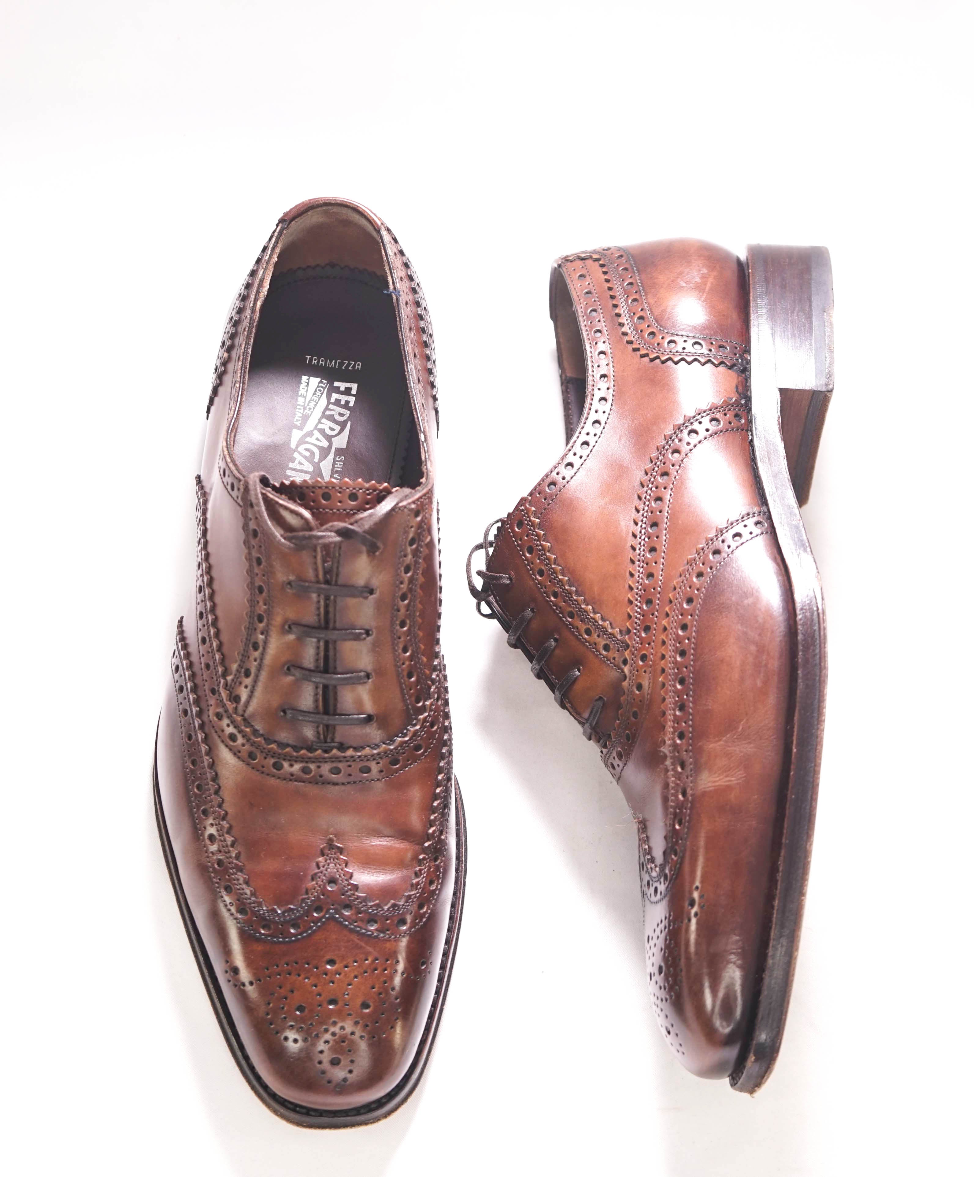 $1,395 SALVATORE FERRAGAMO - "TRAMEZZA" Brown Wingtip Silhouette Oxfords - 8.5 EE