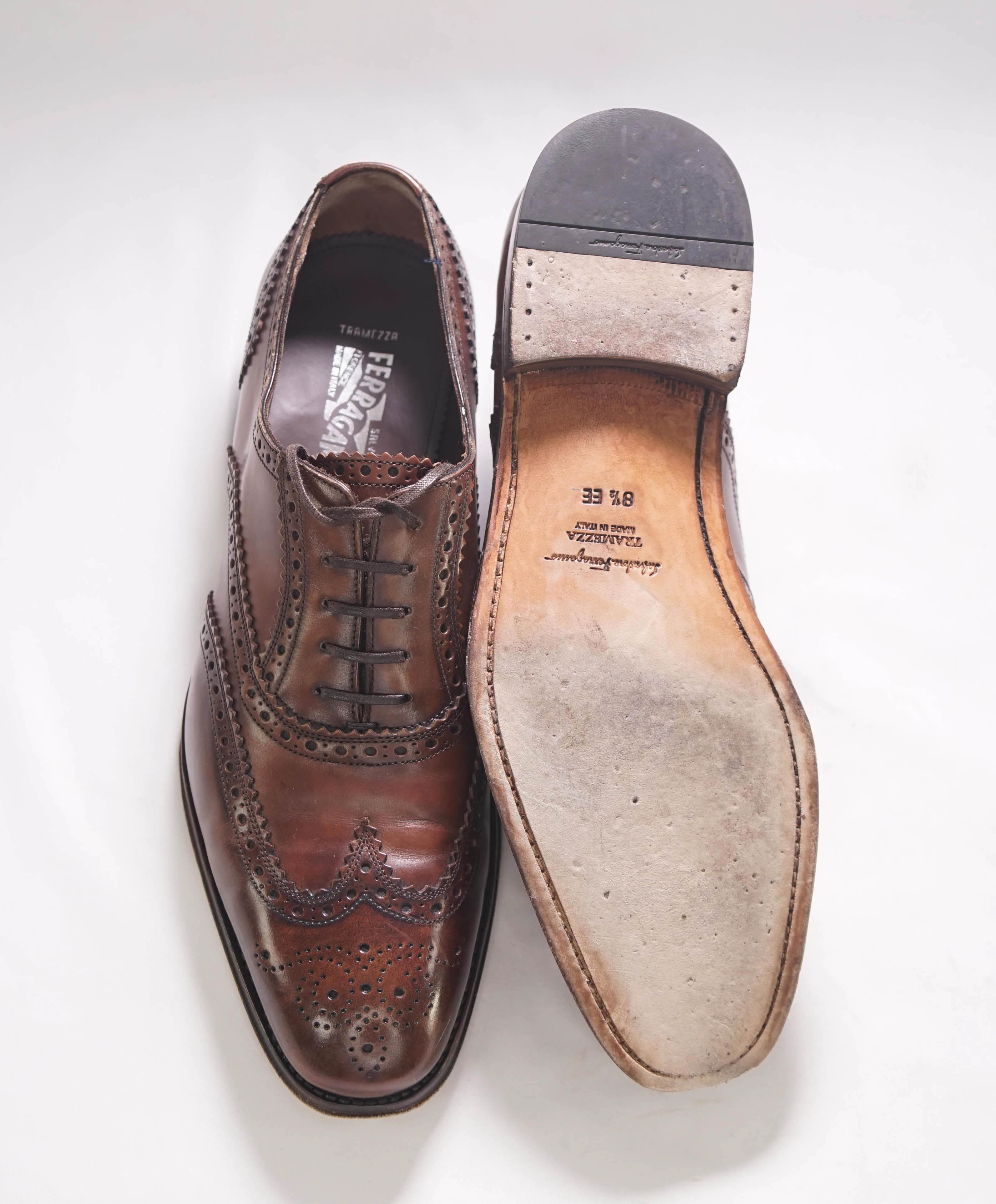 $1,395 SALVATORE FERRAGAMO - "TRAMEZZA" Brown Wingtip Silhouette Oxfords - 8.5 EE