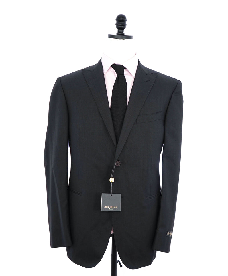 CORNELIANI - Peak Lapel GEOMETRIC Weave Wool/Silk Blend Black Suit - 44R