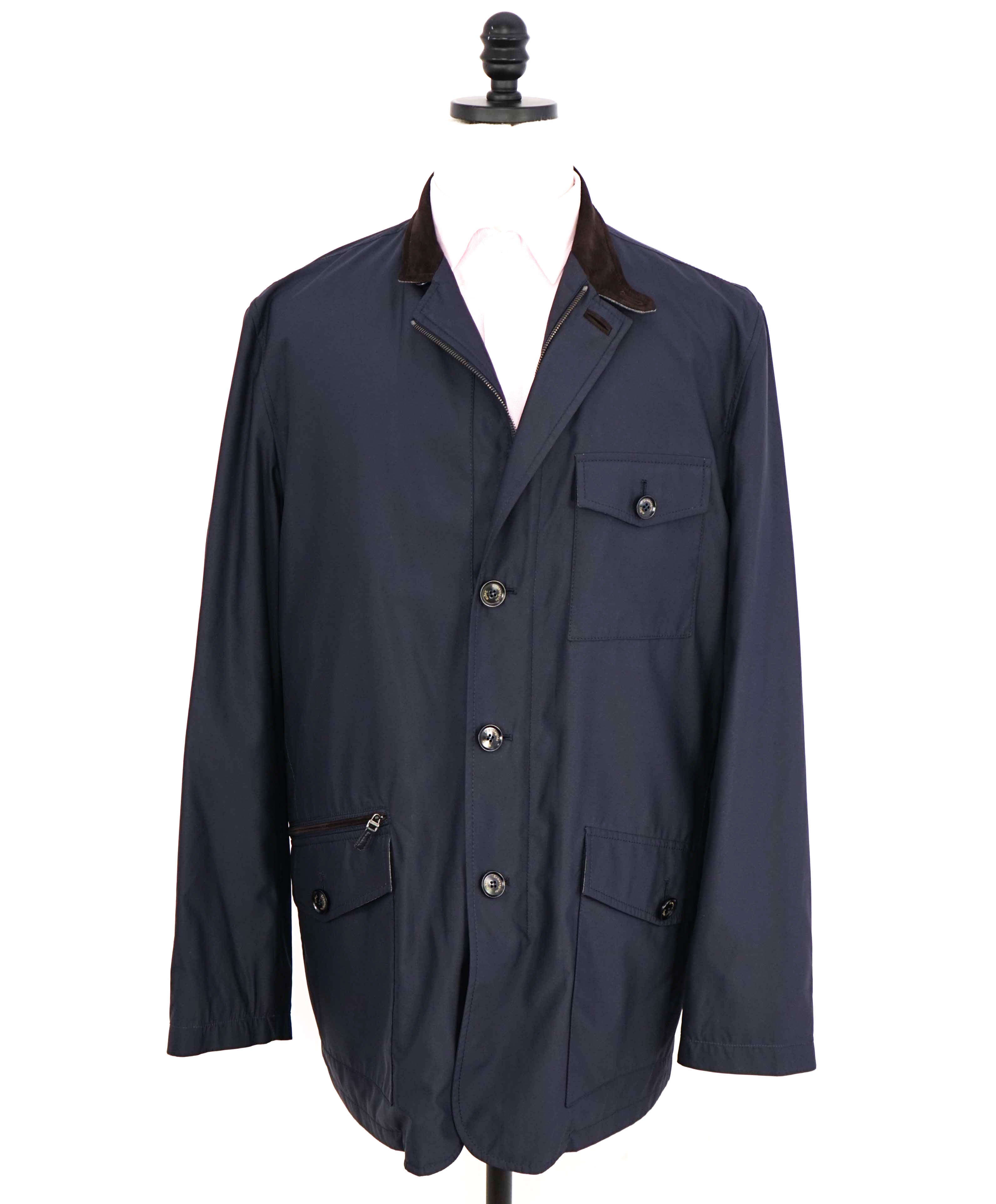 $2,295 ERMENEGILDO ZEGNA - Blue Suede Detail Light (Waterproof) Coat - 46R (XXL)