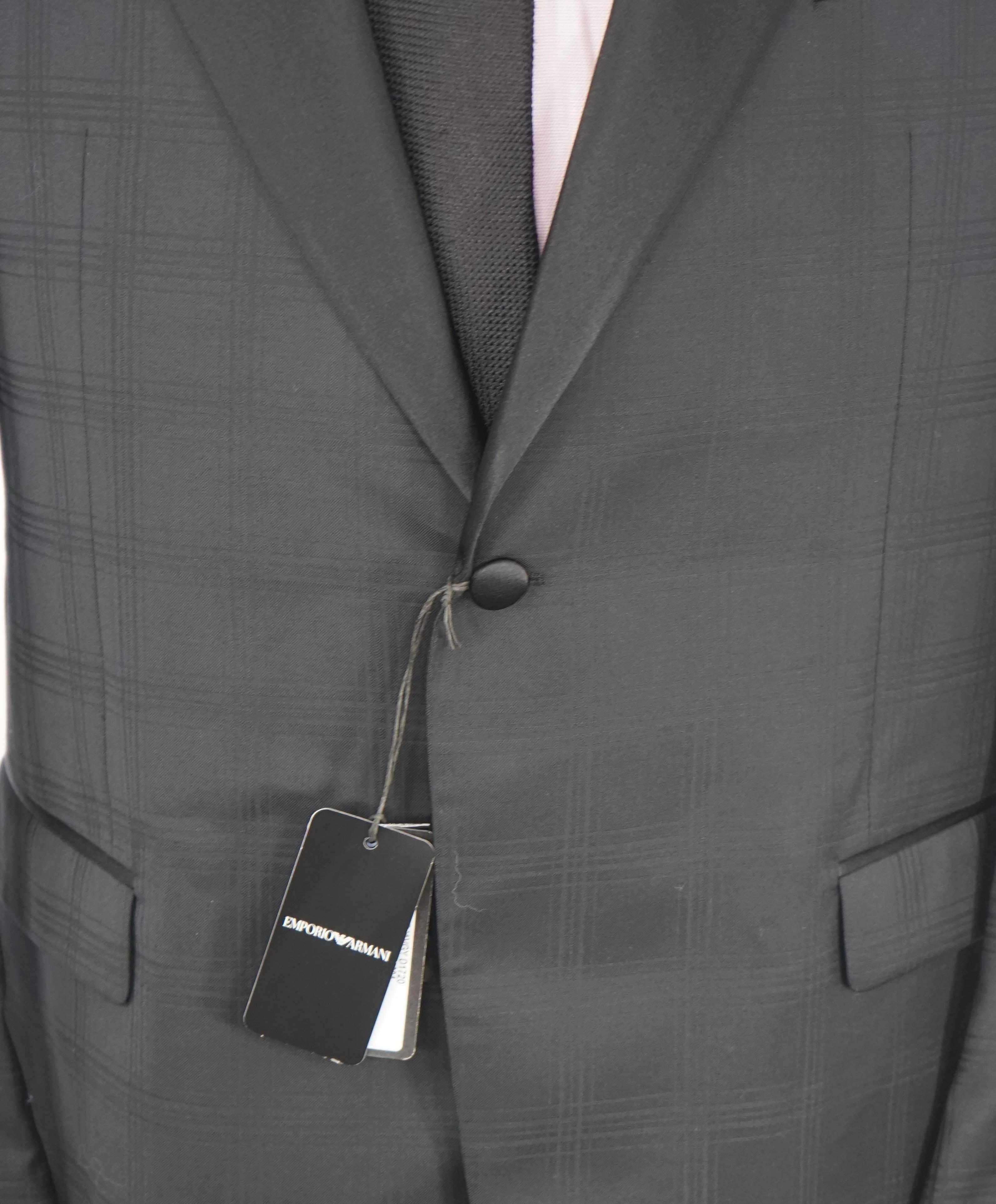 $2,095 EMPORIO ARMANI - “G LINE” CHECK 1-Btn Peak Lapel 130's Tuxedo Suit - 48R