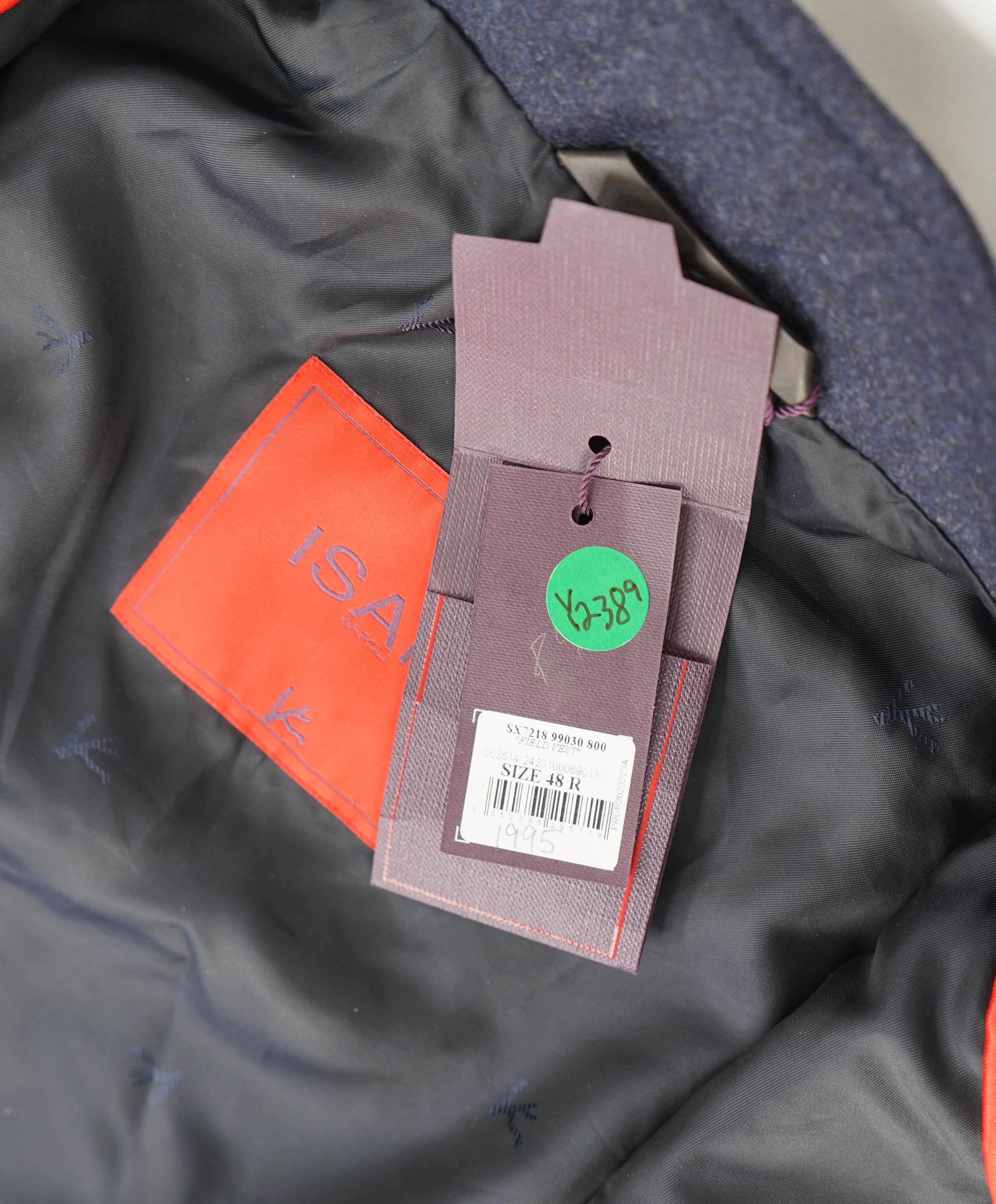 $2,000 ISAIA - Wool Navy Blue Logo Pocket Front Vest - 38R US