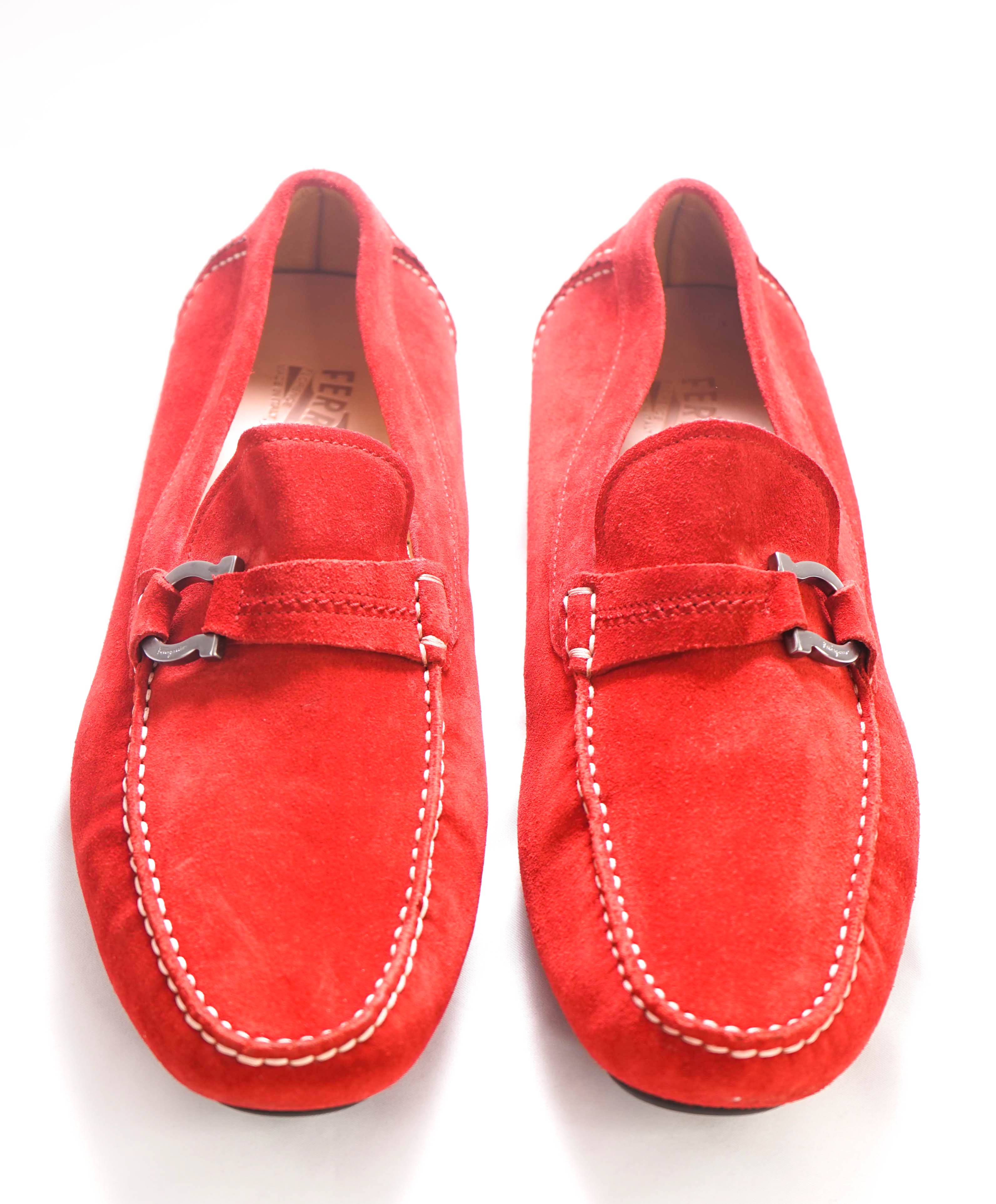 $750 SALVATORE FERRAGAMO - "DUBLO" Red Suede Gancini Loafer- 12