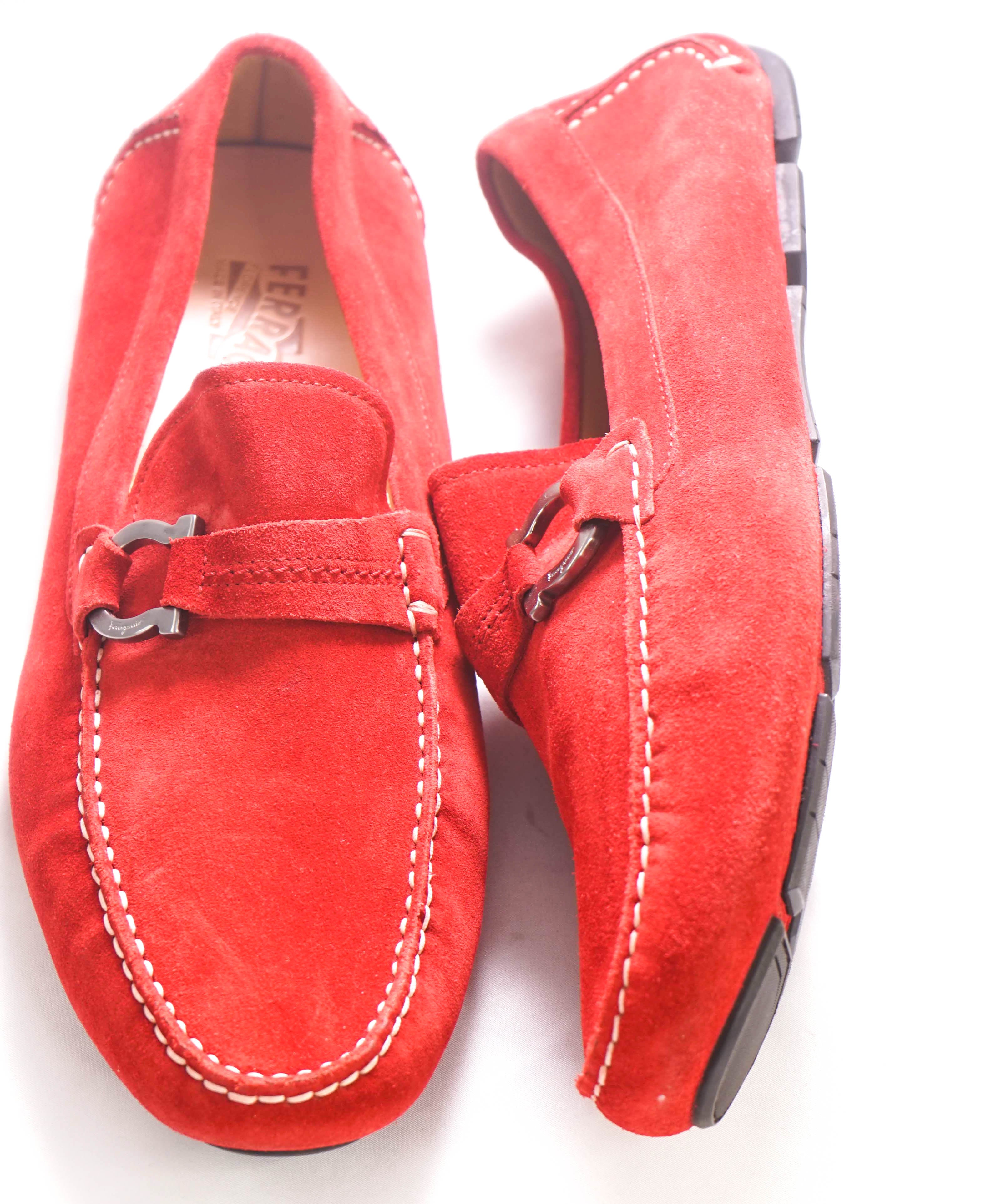 $750 SALVATORE FERRAGAMO - "DUBLO" Red Suede Gancini Loafer- 12