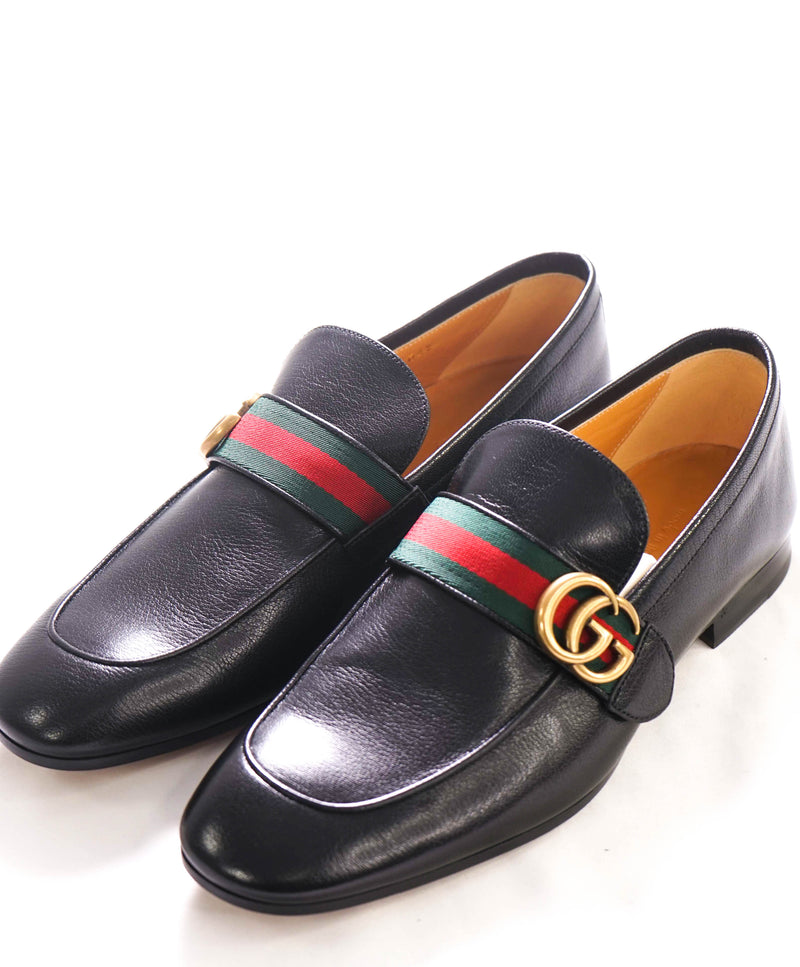 $1,050 GUCCI - "MARMONT" Black GG Web Detail Leather Loafers - 8.5US (8G)