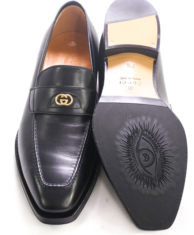 $1,050 GUCCI - "INTERLOCKING GG" Black Detail Leather Loafers - 8US (7.5G)