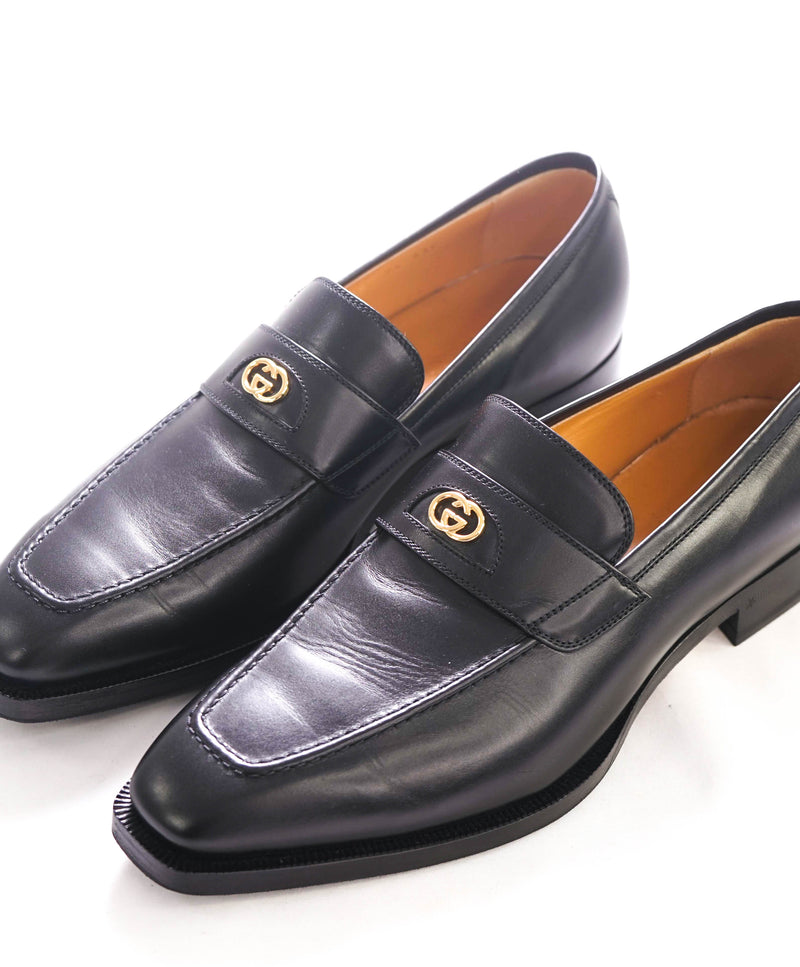 $1,050 GUCCI - "INTERLOCKING GG" Black Detail Leather Loafers - 8US (7.5G)