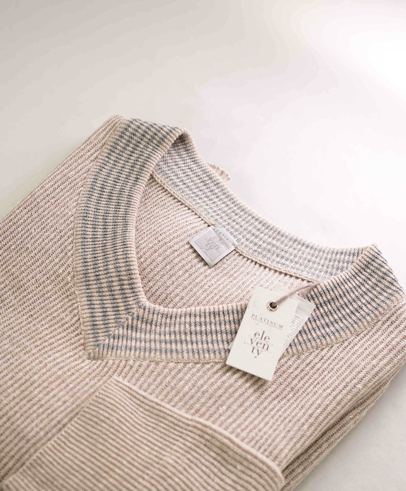 $545 ELEVENTY - Tipped CRICKET SWEATER Cotton/Linen V-Neck Sweater - XL