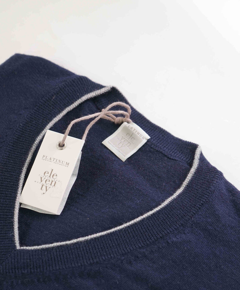 $545 ELEVENTY - Navy / Gray Tipped Silk/Wool V-Neck Sweater - S