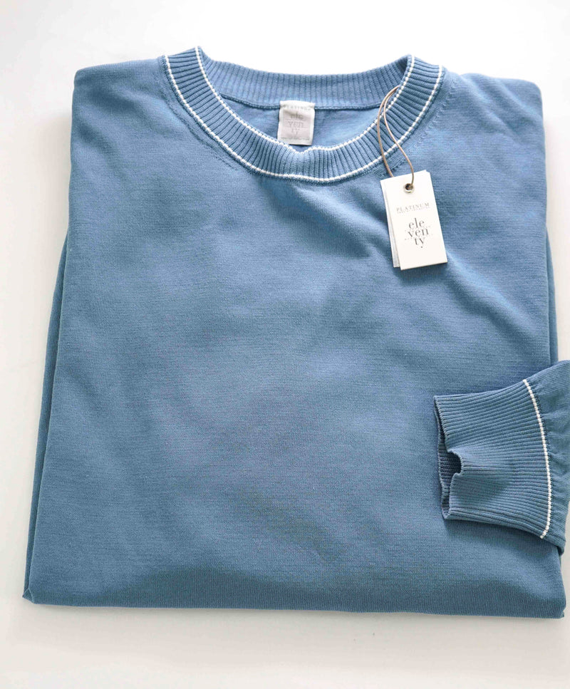 $595 ELEVENTY - Teal Crewneck Ivory Tipped Cotton Sweater - XXL