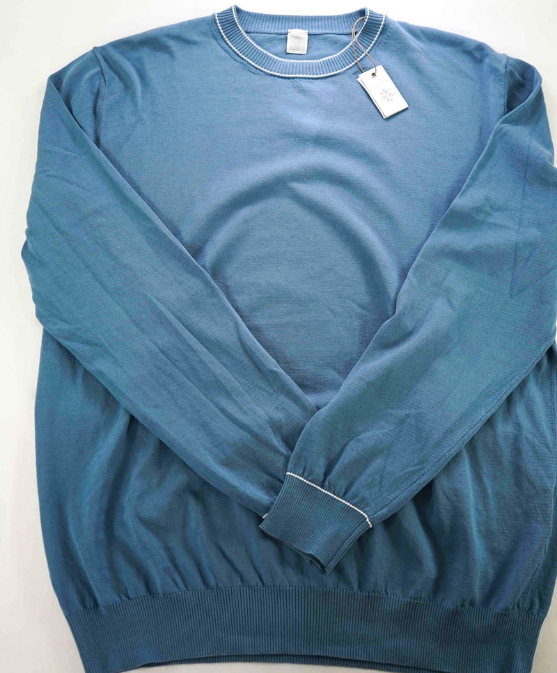 $595 ELEVENTY - Teal Crewneck Ivory Tipped Cotton Sweater - XXL