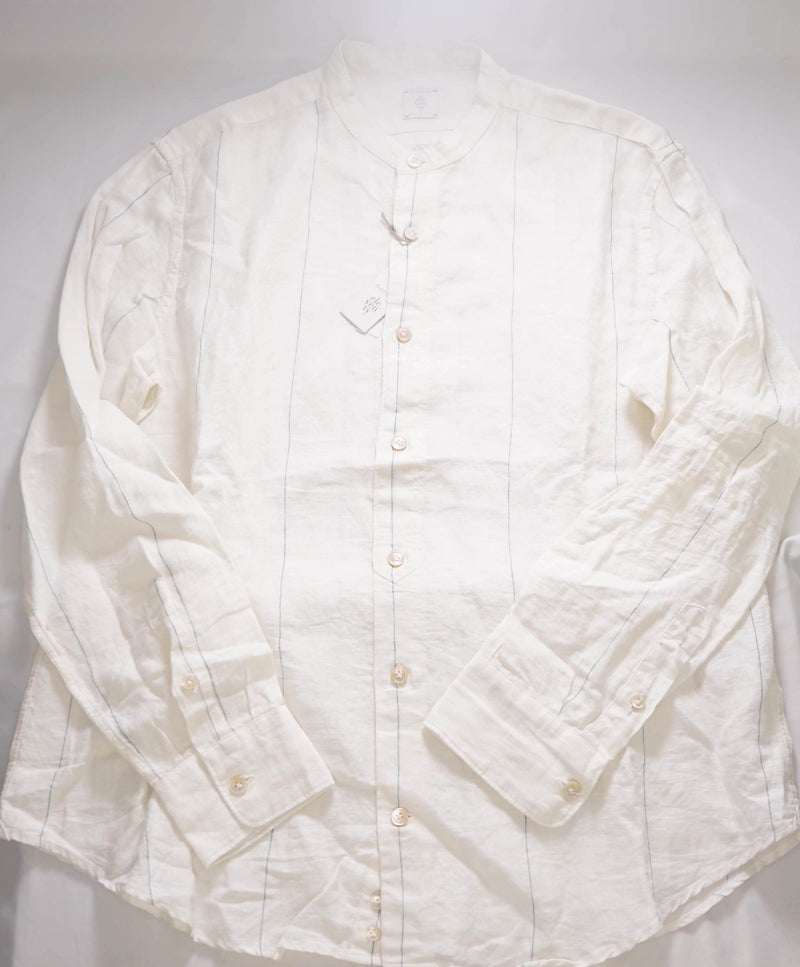 $395 ELEVENTY - PURE LINEN Ivory/Blue Collarless Button Dress Shirt - XXL (43)