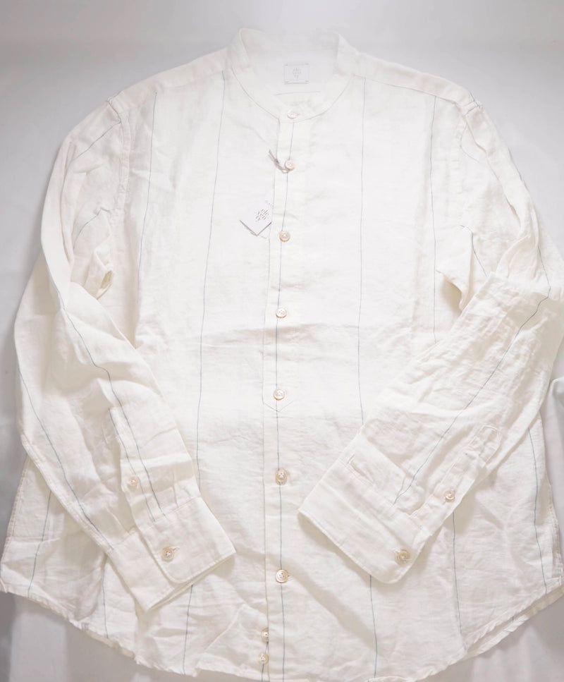 $395 ELEVENTY - PURE LINEN Ivory/Blue Collarless Button Dress Shirt - M (40)