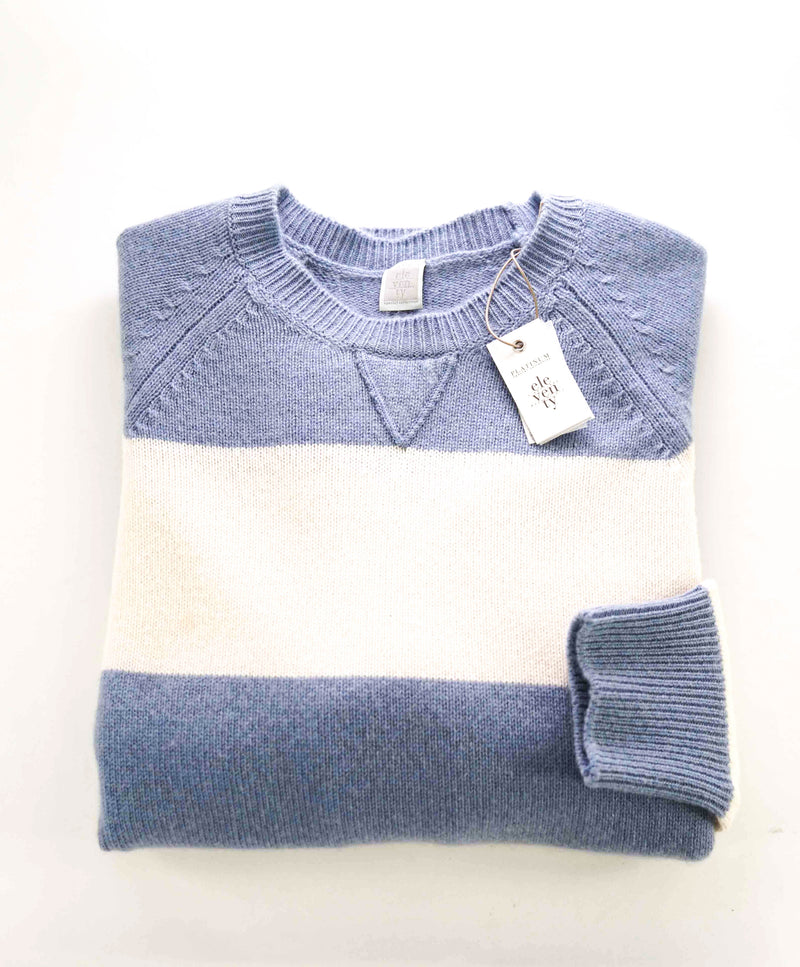 $1,095 ELEVENTY - 100% PURE CASHMERE Blue/White Crewneck Sweater - M