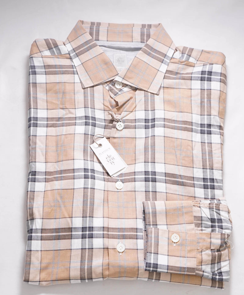 $395 ELEVENTY -Neutral *POPOVER* Check Plaid Button Dress Shirt - S (39)