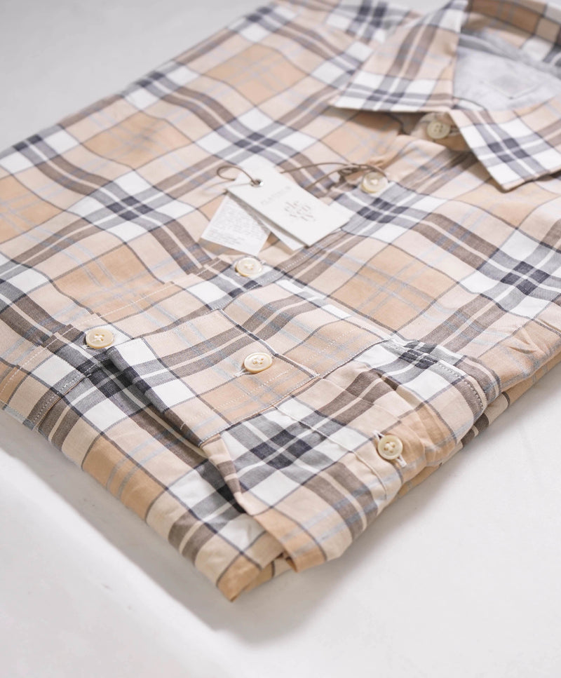 $395 ELEVENTY -Neutral *POPOVER* Check Plaid Button Dress Shirt - M (40)