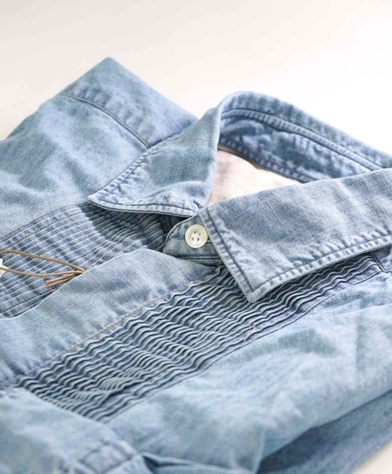 $445 ELEVENTY - Cotton *PLEATED* Blue Chambray Denim Button Down Shirt - M