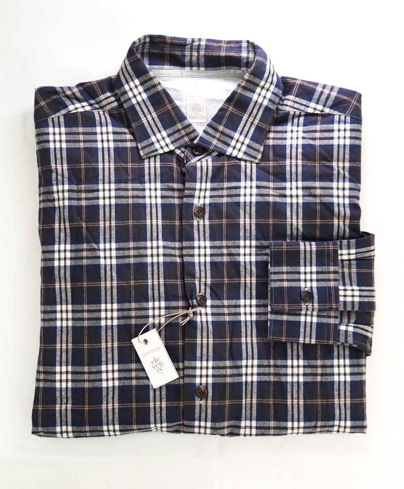 $395 ELEVENTY - Blue & White *FLANNEL* Cotton Button Down Shirt - XL