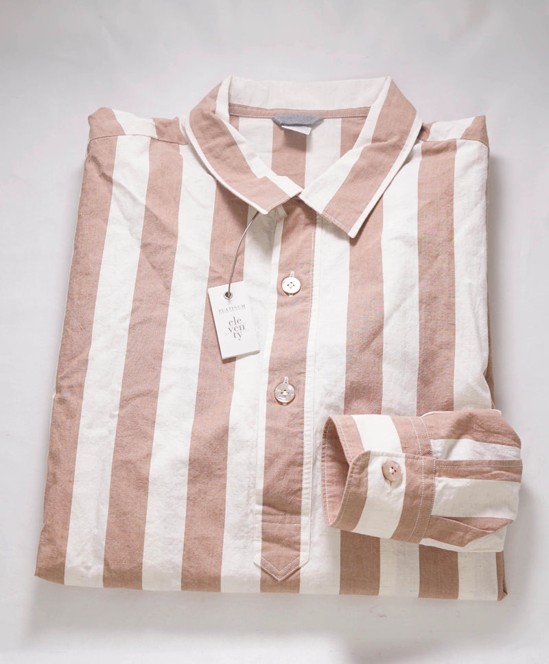 $495 ELEVENTY - Popover Cotton/Linen Ivory/Camel Button Shirt - M