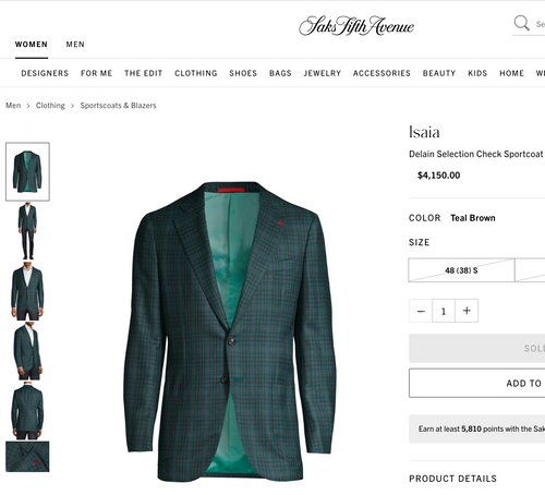 ISAIA - Green "Teal/Brown" Bold Check Plaid "Delain Select" Blazer W LOGO- 40R