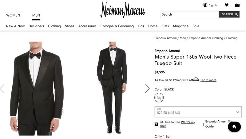 $1,995 EMPORIO ARMANI - “G LINE” 1-Btn Peak Lapel 130's Tuxedo Suit - 42R