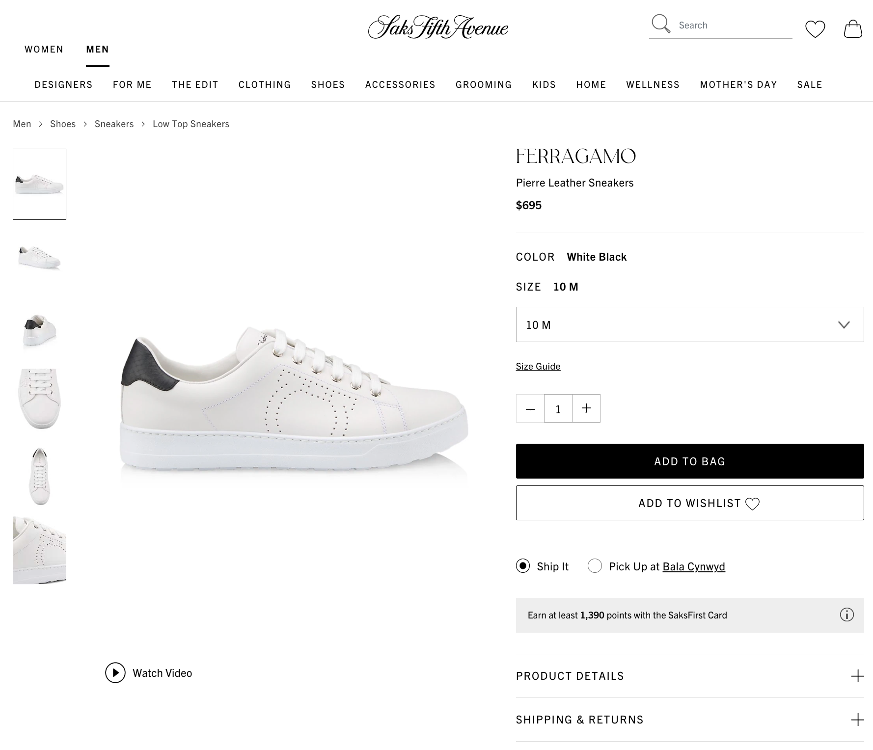 $695 SALVATORE FERRAGAMO - *PIERRE* White/Black Gancini Sneaker - 9.5 US