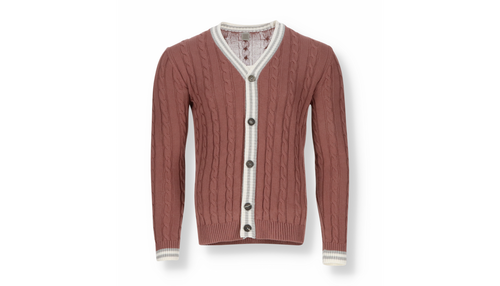 $795 ELEVENTY - Pastel Pink Cotton Cable Knit Tipped Cardigan Sweater- L