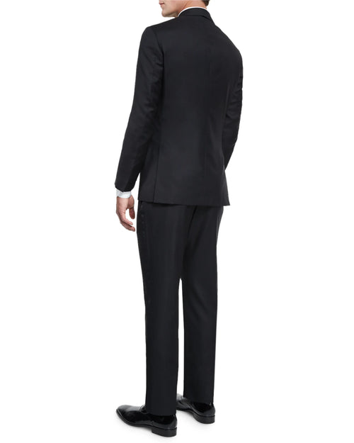 $4,595 ISAIA - "AQUASPIDER" Satin PEAK LAPEL Black Wool Tuxedo - 46L