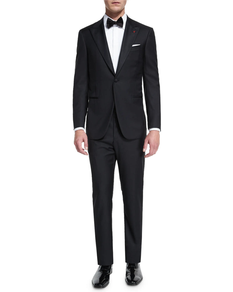 $4,595 ISAIA - "AQUASPIDER" Satin PEAK LAPEL Black Wool Tuxedo - 48R