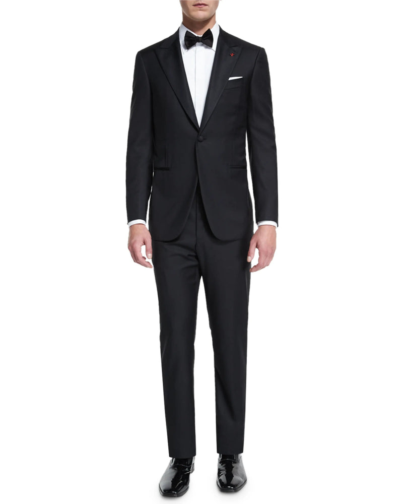 $4,595 ISAIA - "AQUASPIDER" Satin PEAK LAPEL Black Wool Tuxedo - 38S