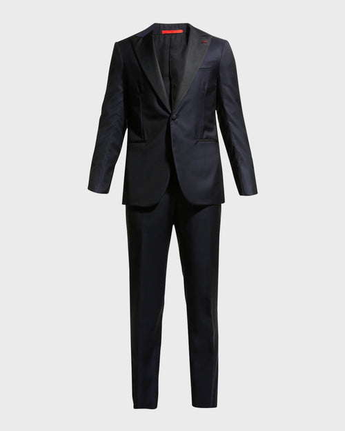 $4,595 ISAIA - "AQUASPIDER" Satin PEAK LAPEL Navy Blue Wool Tuxedo - 48R