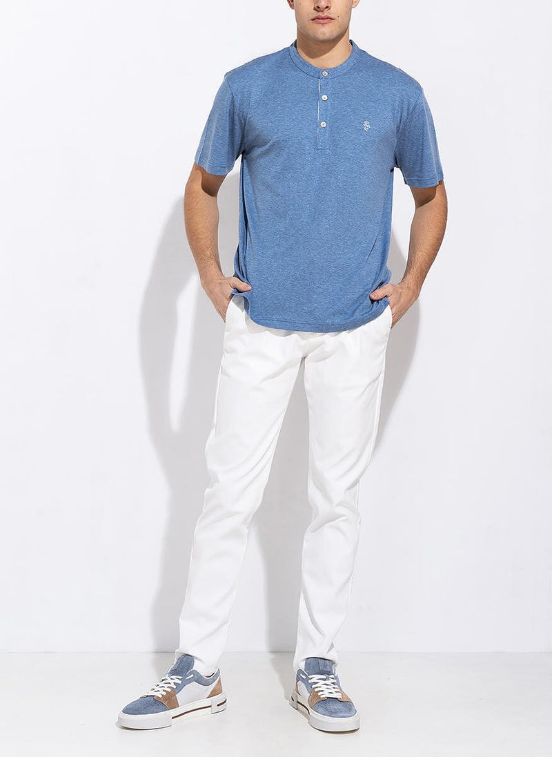 $395 ELEVENTY - Logo COTTON/LINEN Henley T-Shirt Blue/White - L