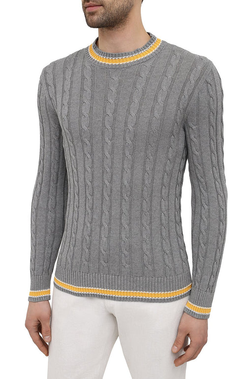 $445 ELEVENTY - Cable Knit Yellow Tipped Crewneck Pure Wool Sweater - M