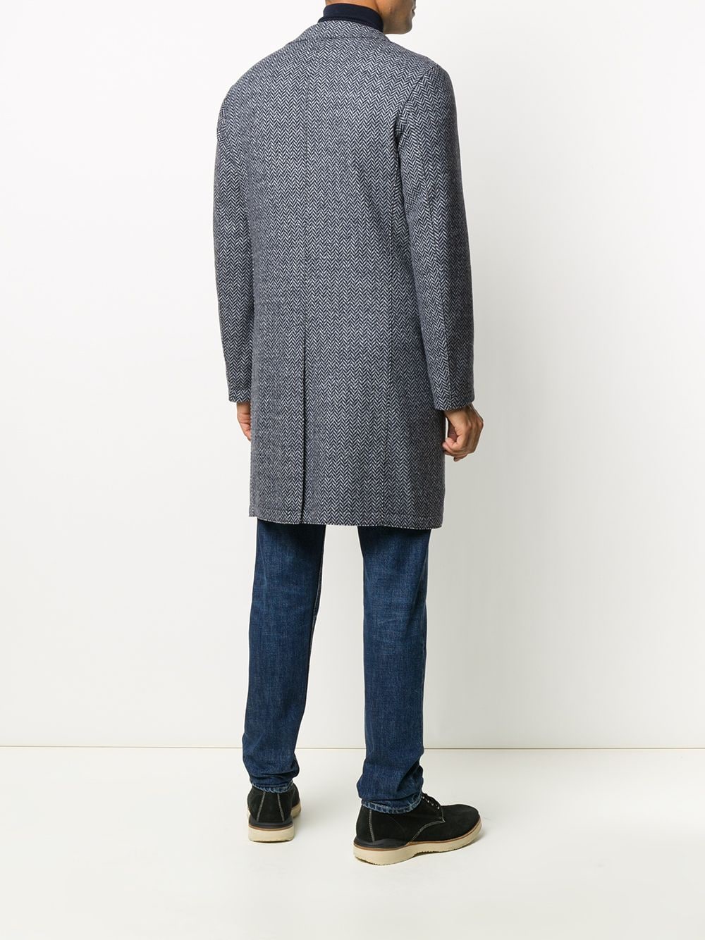 ELEVENTY - Blue Herringbone Suede Detail Logo Button Coat - 38R (48 EU)