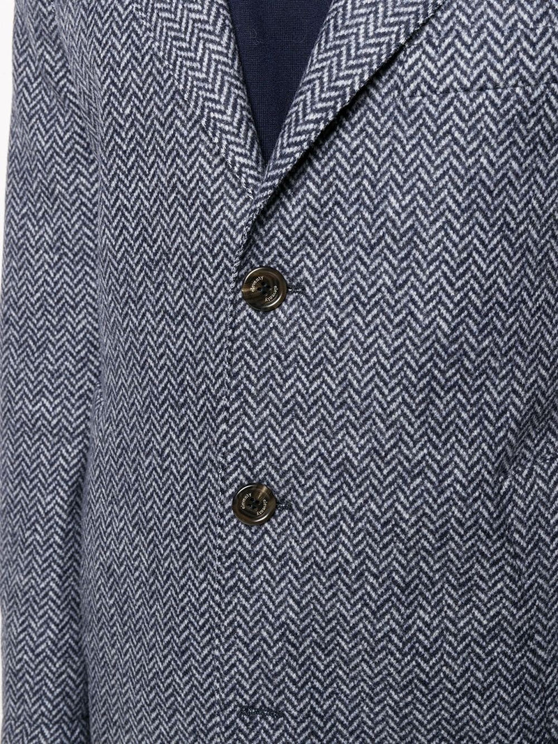 ELEVENTY - Blue Herringbone Suede Detail Logo Button Coat - 40R (50 EU)