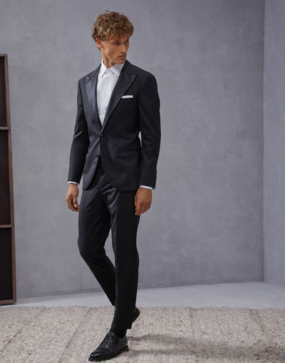 BRUNELLO CUCINELLI - Black On Black Wide Peak Lapel Tuxedo Suit - 48R