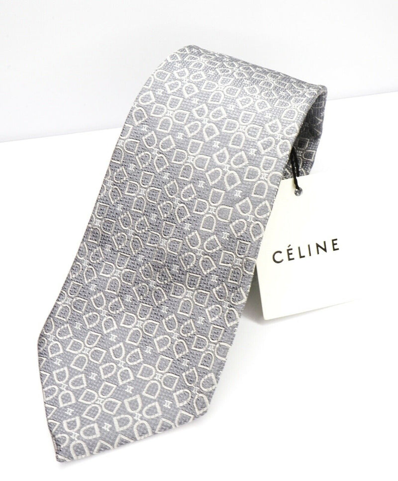 $195 CELINE - Modern Silk Horse-Bit Gray Tonal Necktie -