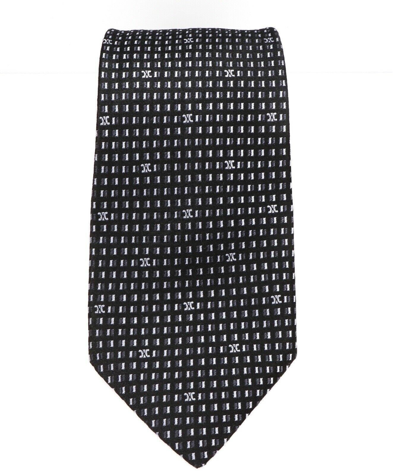 $195 CELINE - Modern Silk LOGO Black & White Geometric Tie Necktie -
