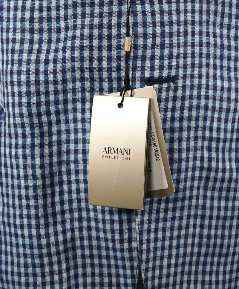 ARMANI COLLEZIONI - Blue & Navy Plaid Check Ultra Light Linen Blazer - 38R