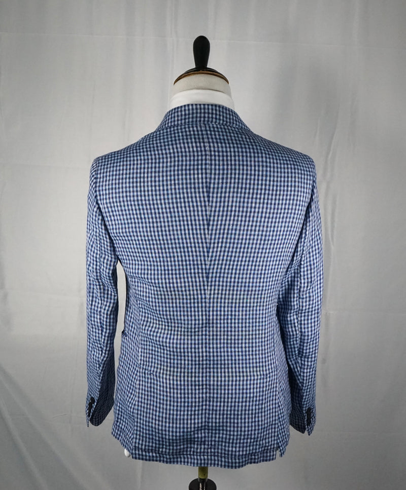 ARMANI COLLEZIONI - Blue & Navy Plaid Check Ultra Light Linen Blazer- 38R