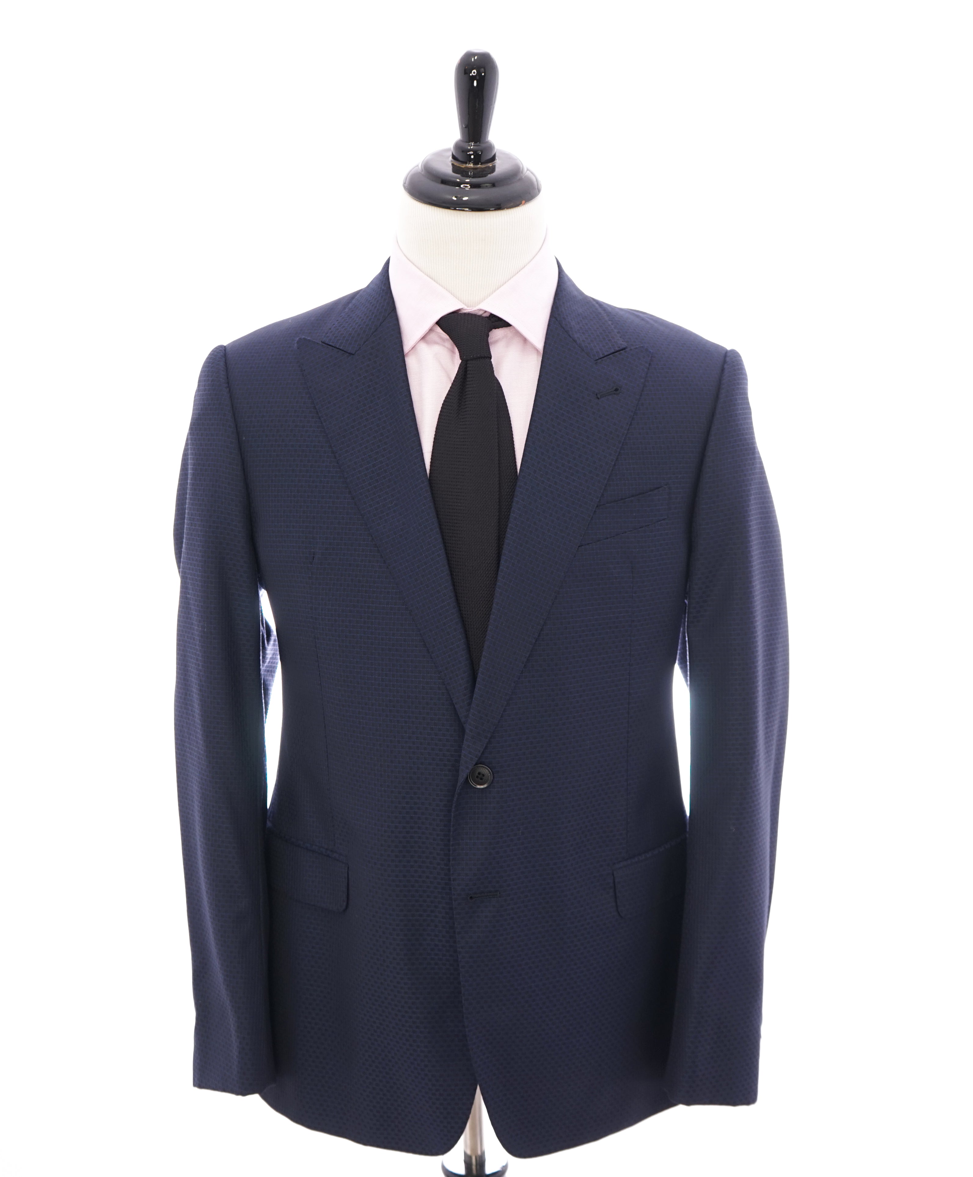 ARMANI COLLEZIONI - “S Line” Slim Blue Geometric Check Wide Peak lapel Suit - 42R