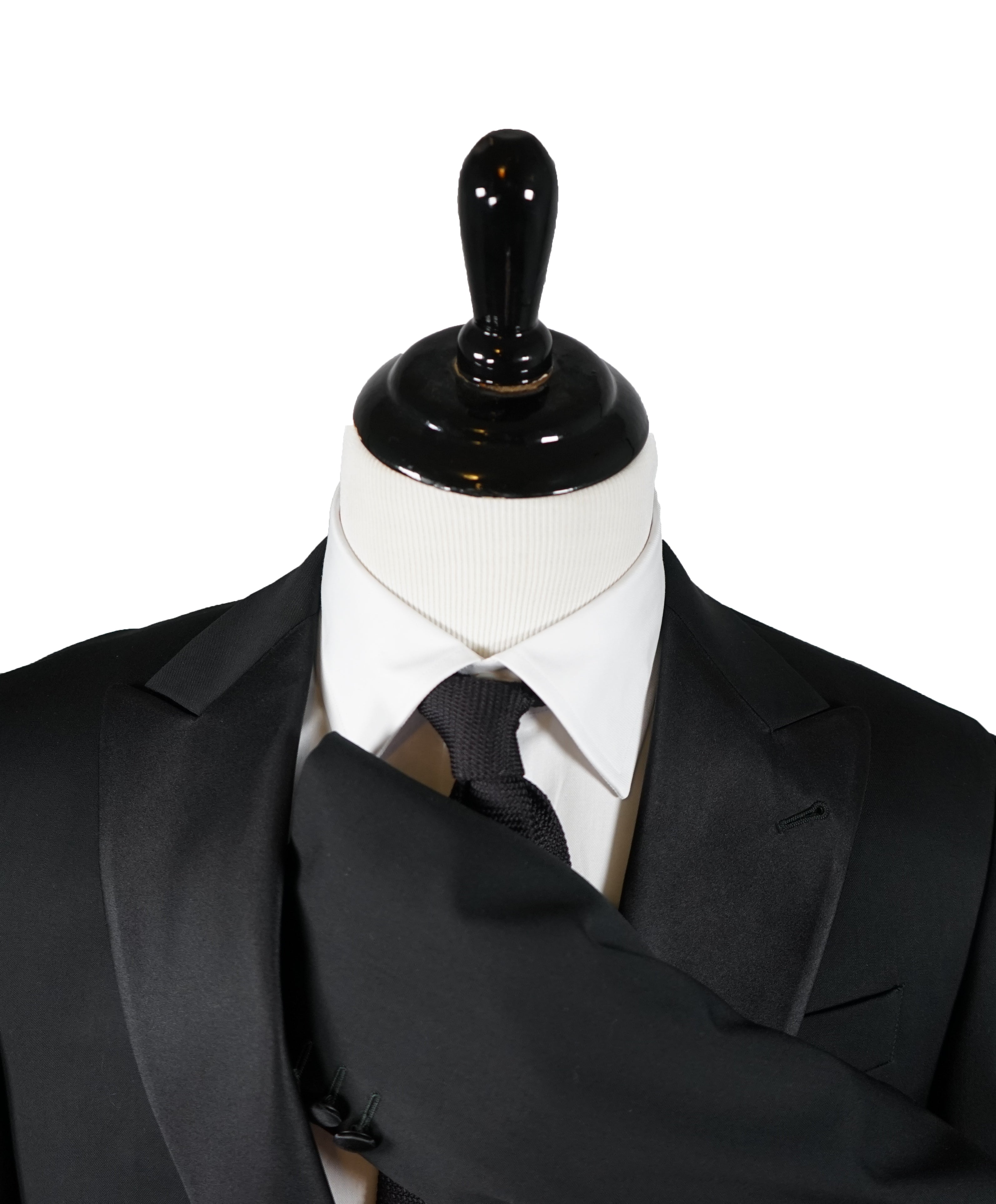 ARMANI COLLEZIONI - Wide Peak Lapel “G Line” Black Satin Detailed Tuxedo - 40R