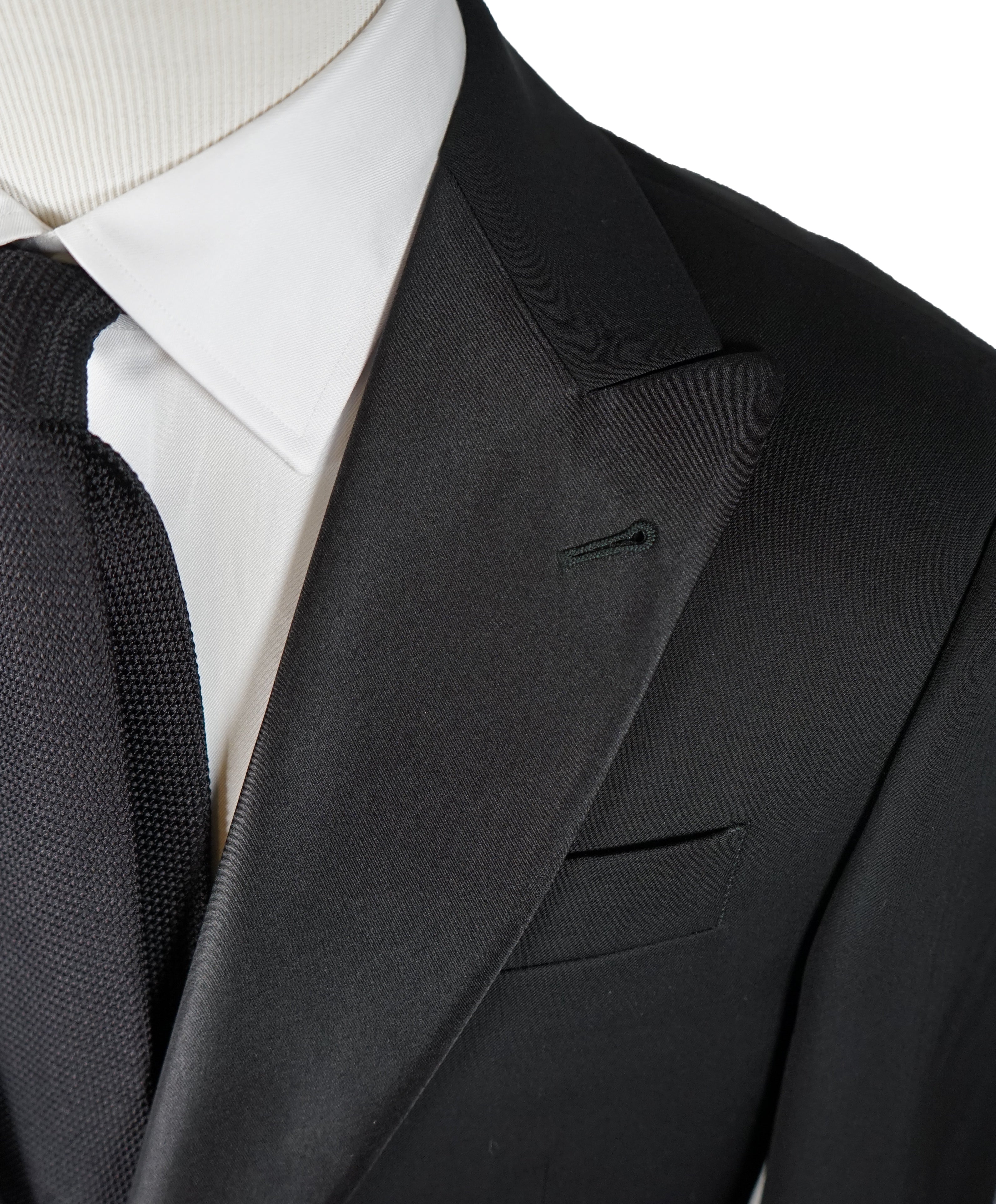ARMANI COLLEZIONI - Wide Peak Lapel “G Line” Black Satin Detailed Tuxedo - 40R
