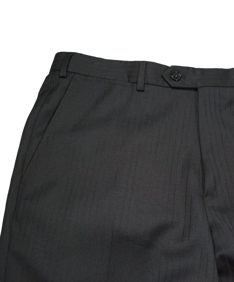 ARMANI COLLEZIONI - Black on Black Tonal Stripe Flat Front Dress Pants - 35W