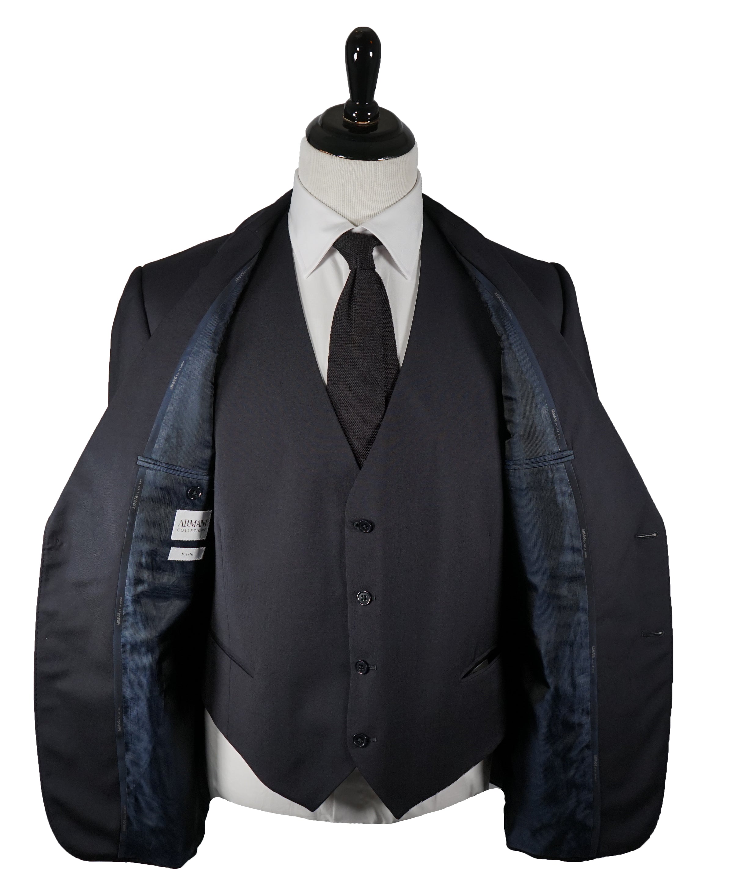 ARMANI COLLEZIONI - “M Line” 3-Piece Navy Solid Suit With Pick Stitchi –  Luxe Hanger