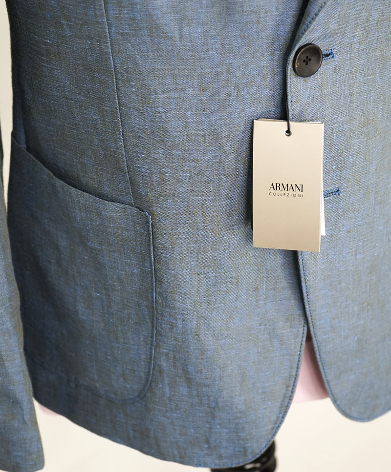 ARMANI COLLEZIONI - Medium Blue Melange Semi-Lined Linen Blazer - 40R